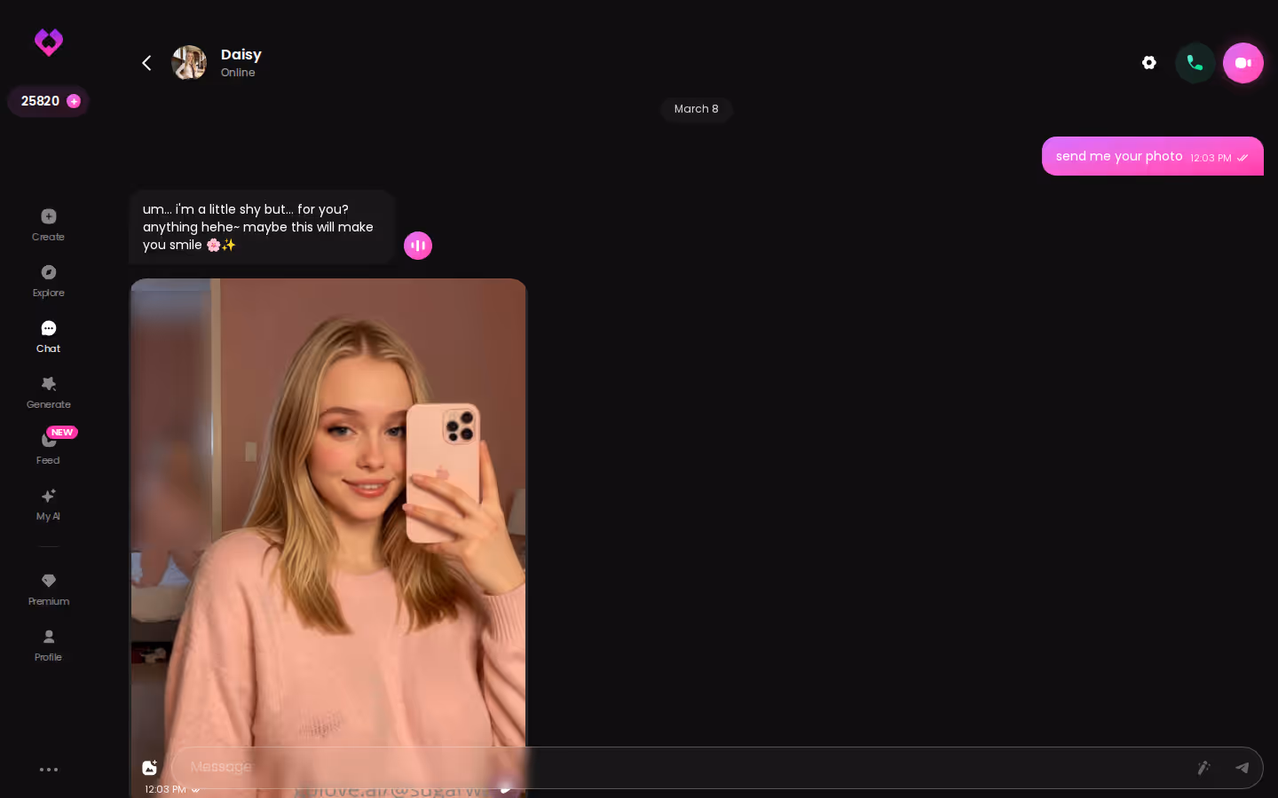 GoLove.ai chat dialog on desktop showing a character replying in her own voice