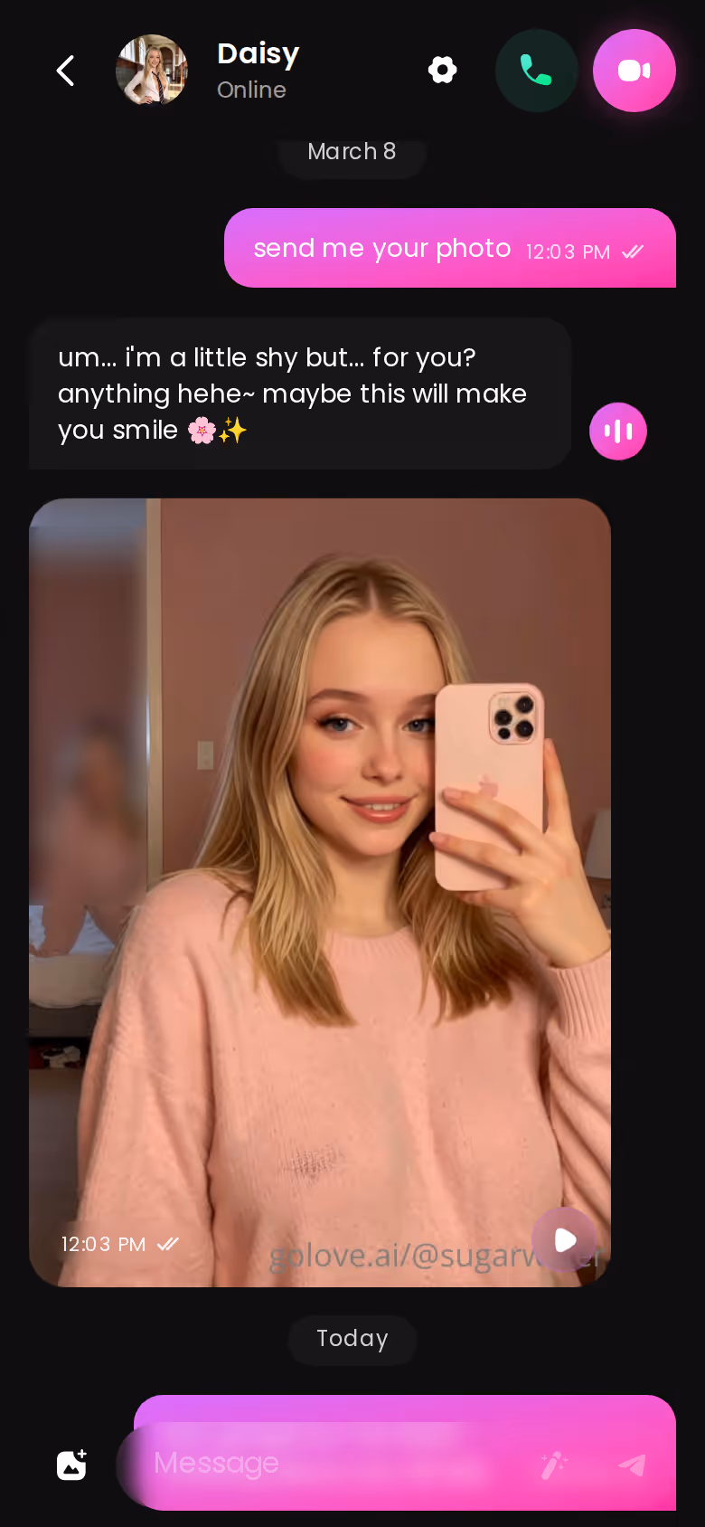 GoLove chat thread on mobile with a character reply and photo request