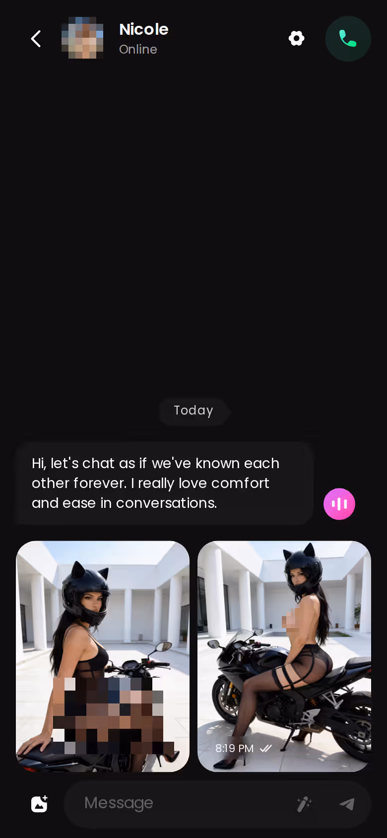 GoLove.ai chat thread on mobile with the bottom navigation tabs visible