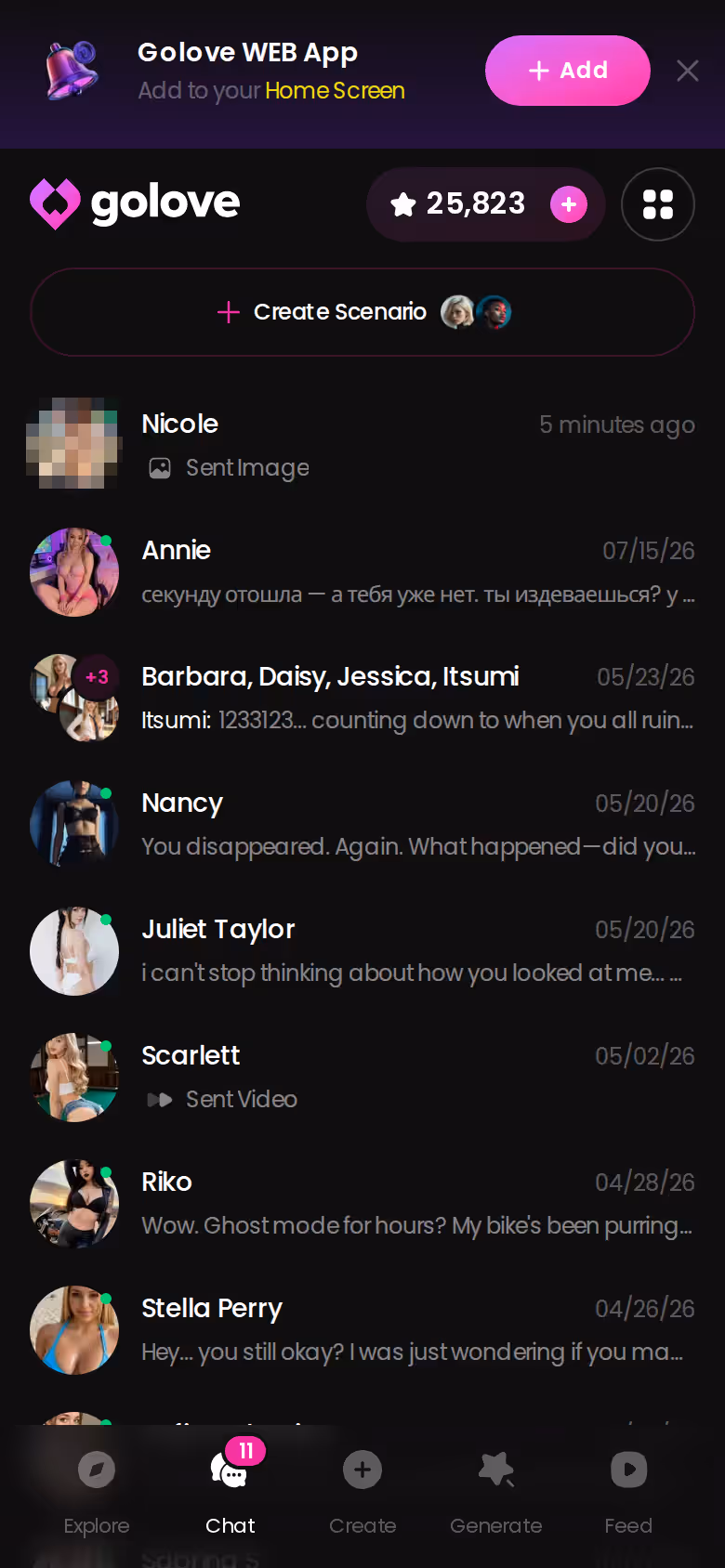 GoLove.ai's mobile chat list showing the full roster with last-message previews