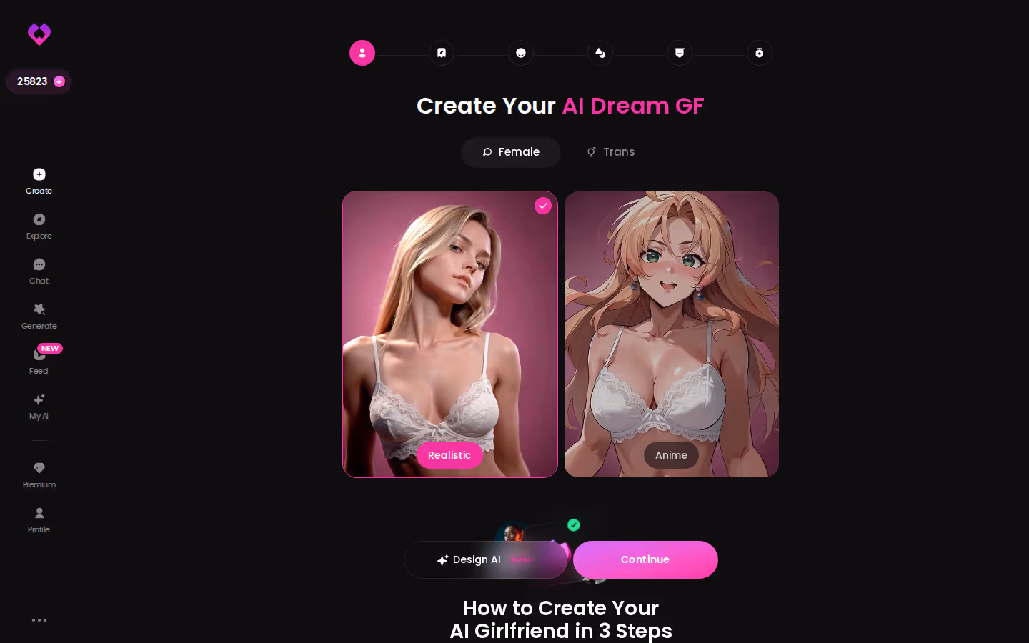 GoLove Create Studio start screen with Realistic, Anime and Trans category cards