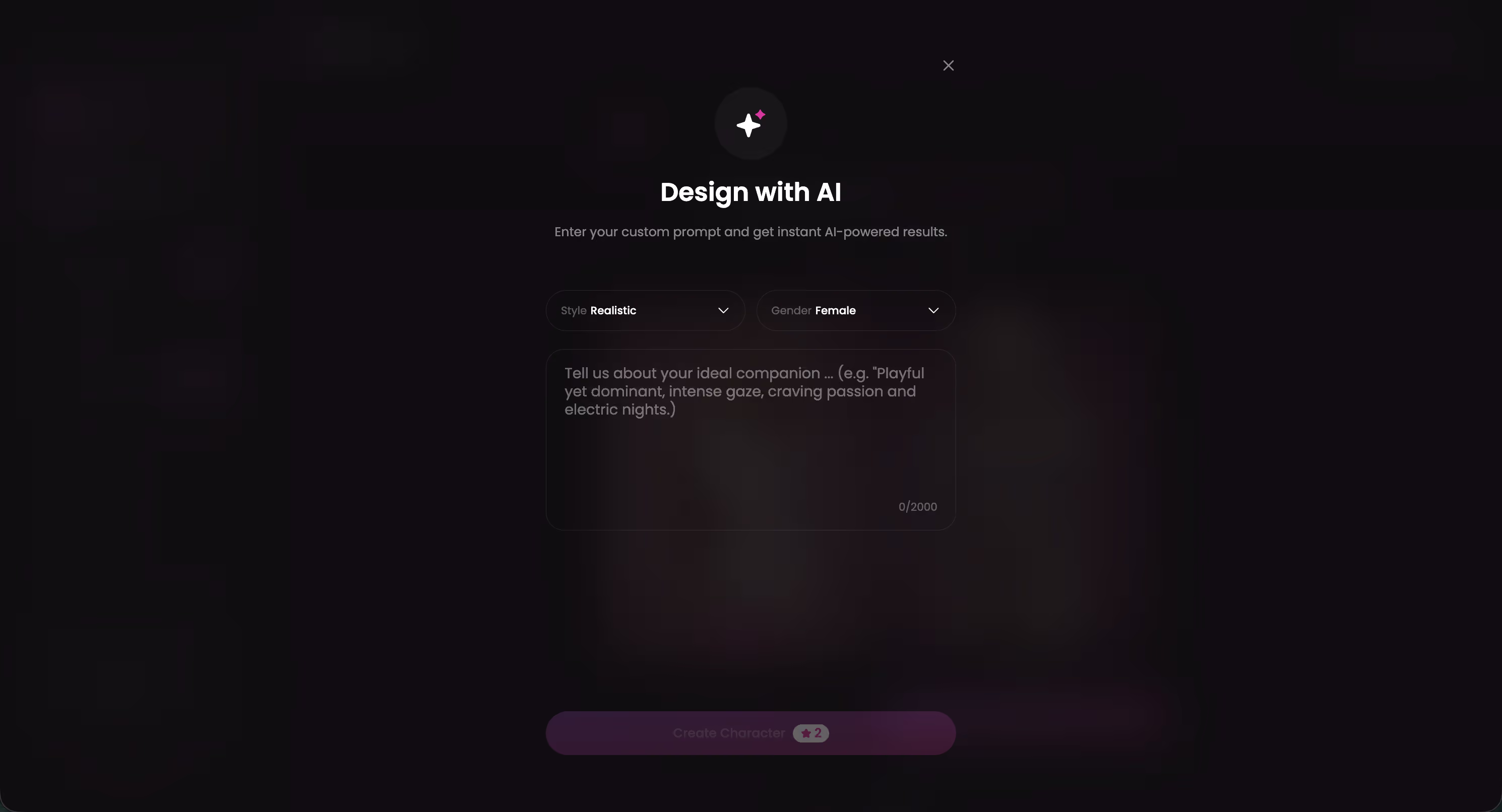 Design with AI, type a description and the AI builds the character