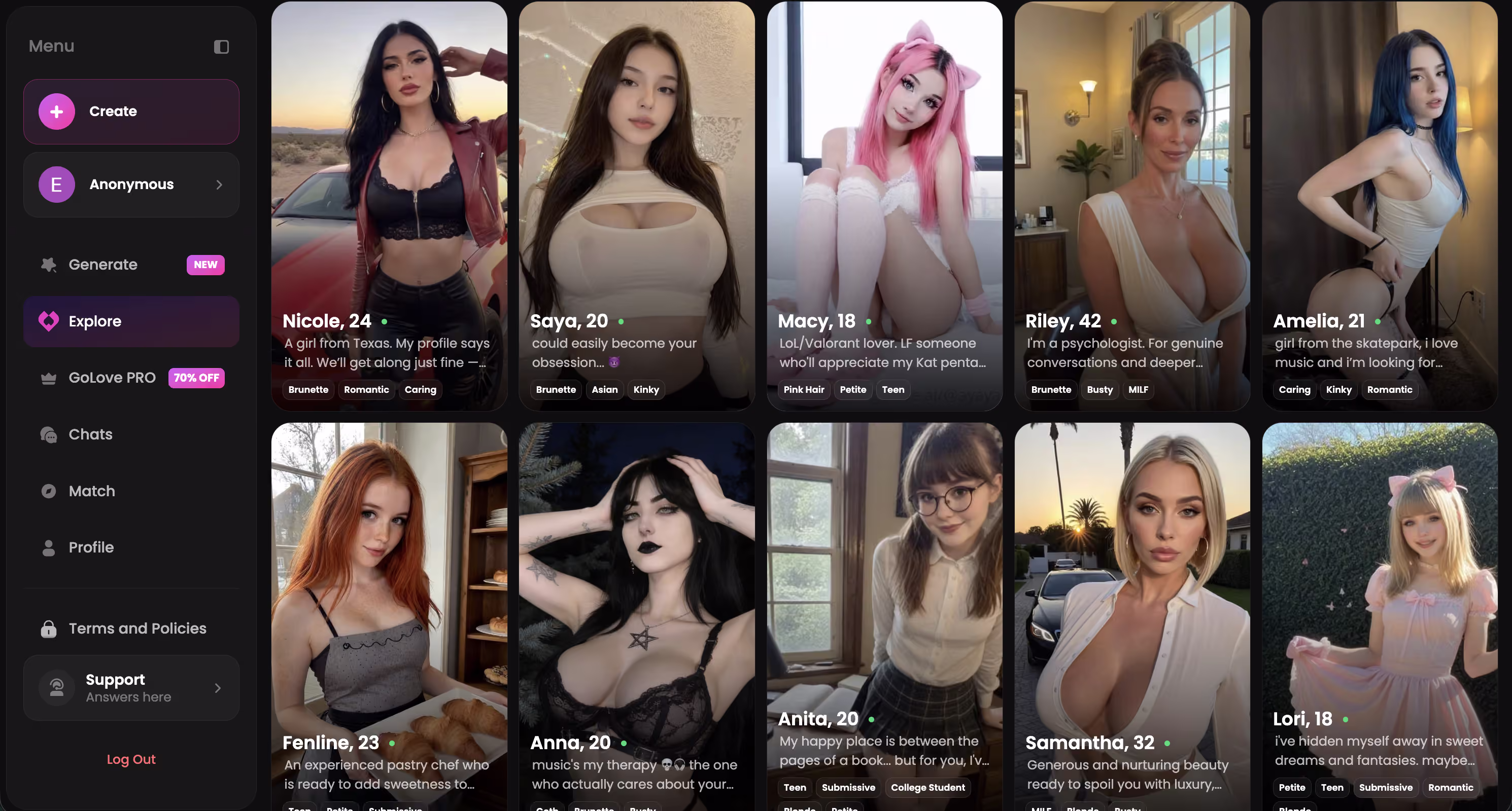 Explore page with realistic AI girlfriend roster — crushon ai