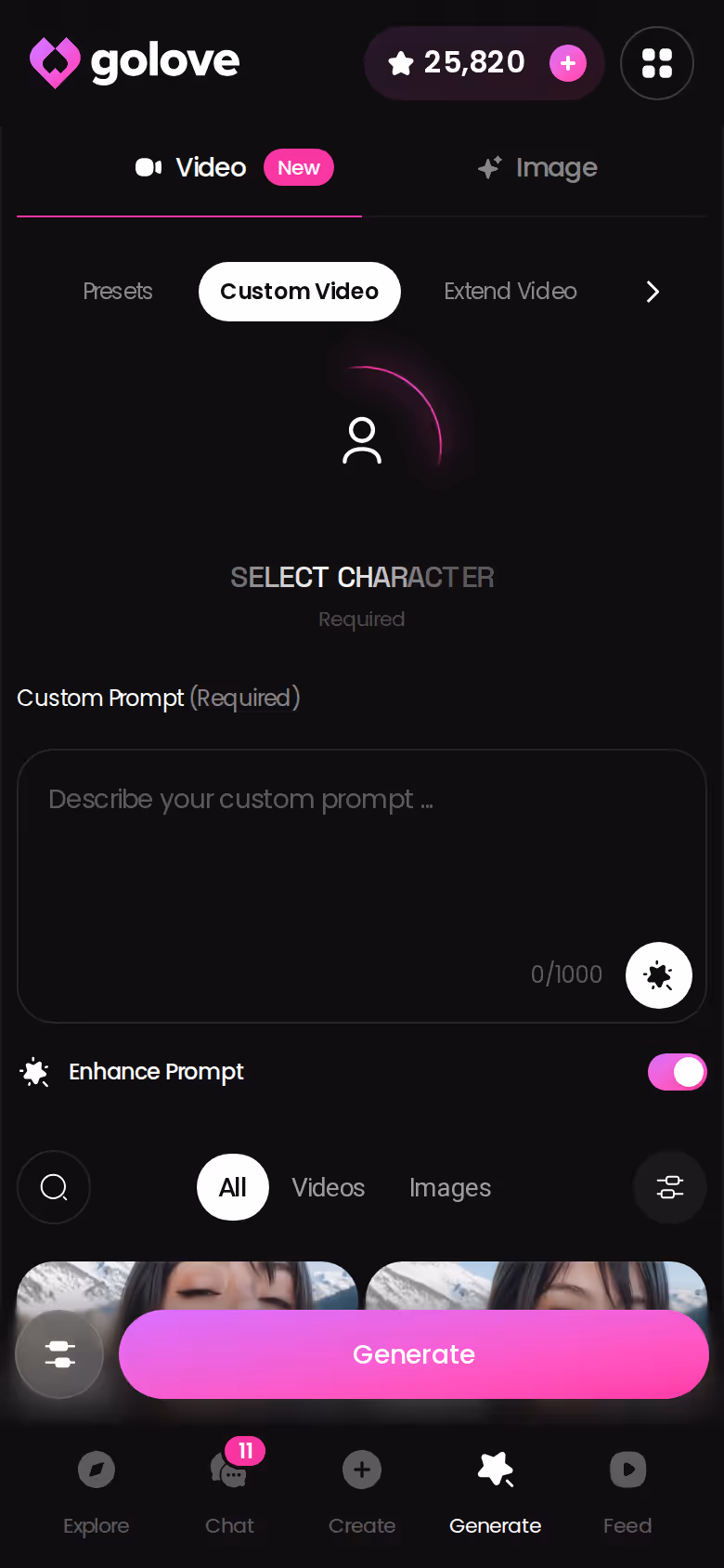 GoLove.ai mobile custom video generator showing what Stars buy