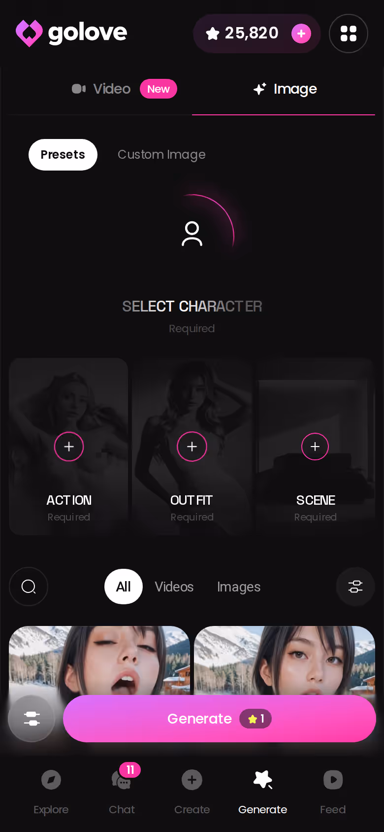 GoLove image generator on mobile where free users run into Star limits