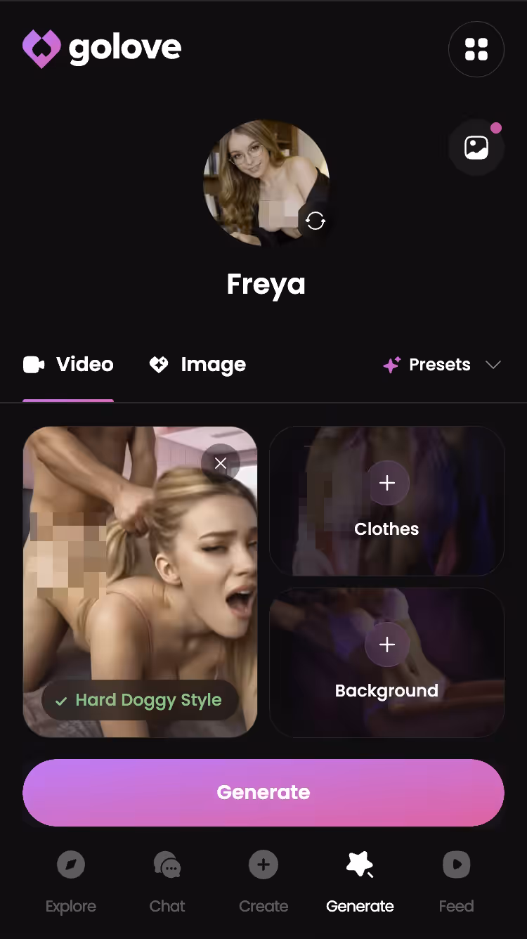 GoLove.ai mobile video generator with action, clothes and scene presets for the chosen character